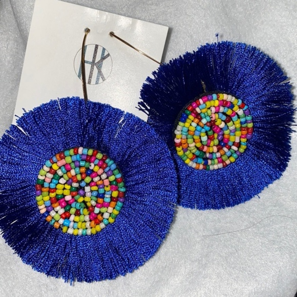 Multicolored beaded Blue fringe handmade boutique earrings